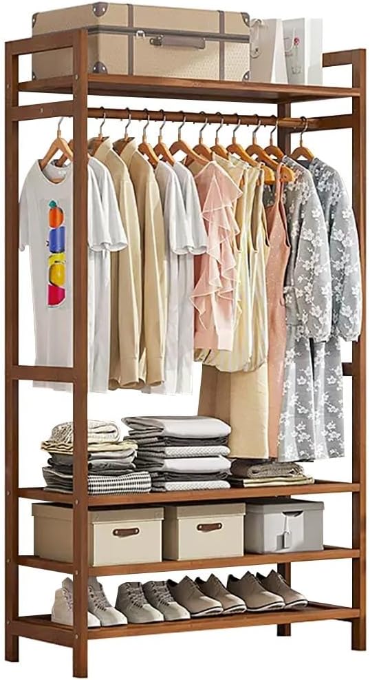 Bamboo Clothes Rail Stand with Hanging Rod 2 Shelves and Hooks Freestanding Garment Rack for Bedroom Hallway Natural Wood nizer for Coat and Clothing Storage