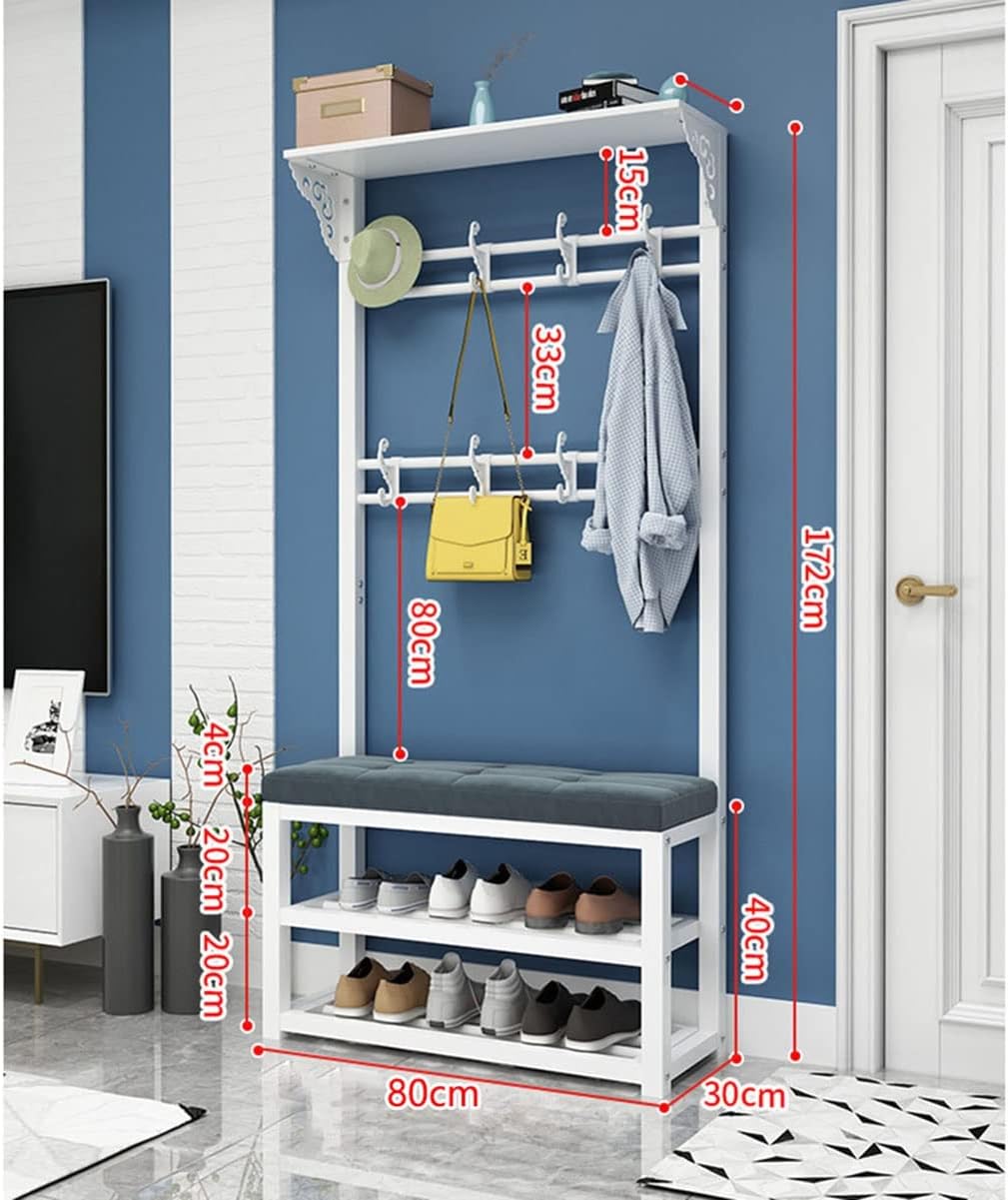 Generic Coat Rack with Shoe Shelf Bench, Freestanding Garment Rack with 8 Hooks Industrial Hall Tree Hat Handbag Hanger for Narrow Hallway, Bedroom/White/80 * 30 * 172Cm