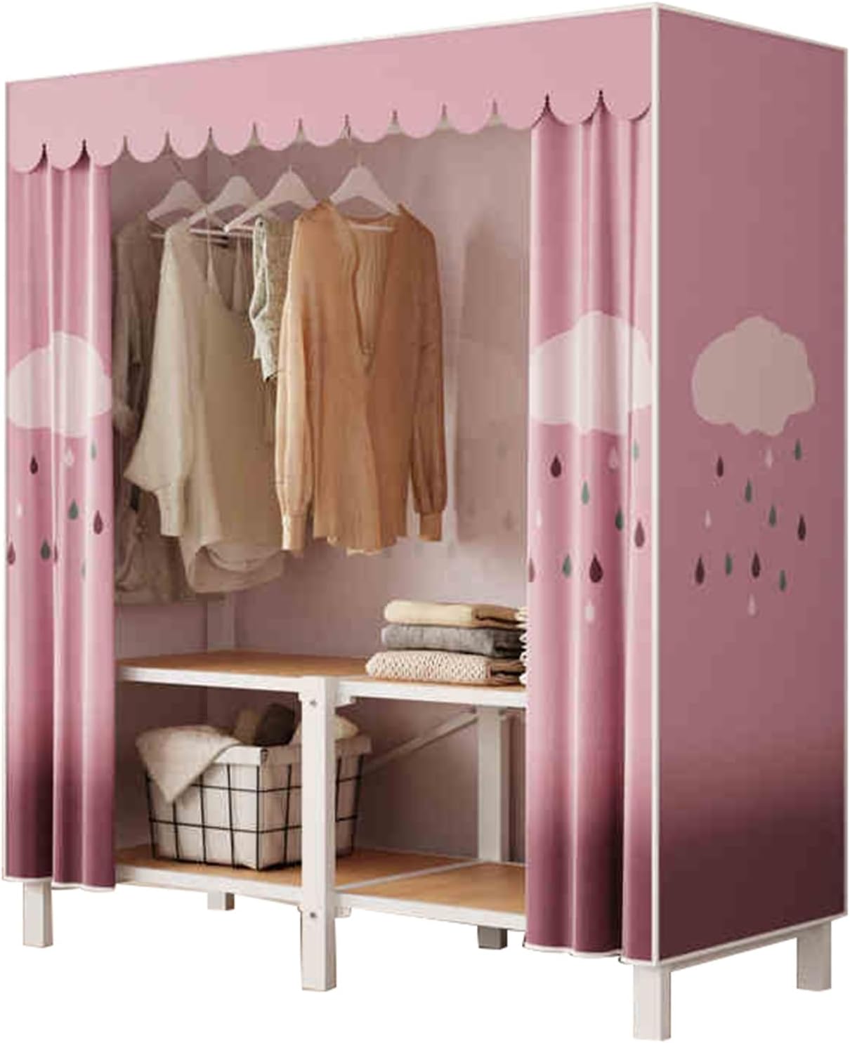 Portable Closet Wardrobe,Freestanding Coat Storage Garment Racks,Spacious Steel Tube Clothes Storage Organizer,for Bedroom Free Standing Clothes Rack with Cover(Color 2,126 X 50 X 172cm)