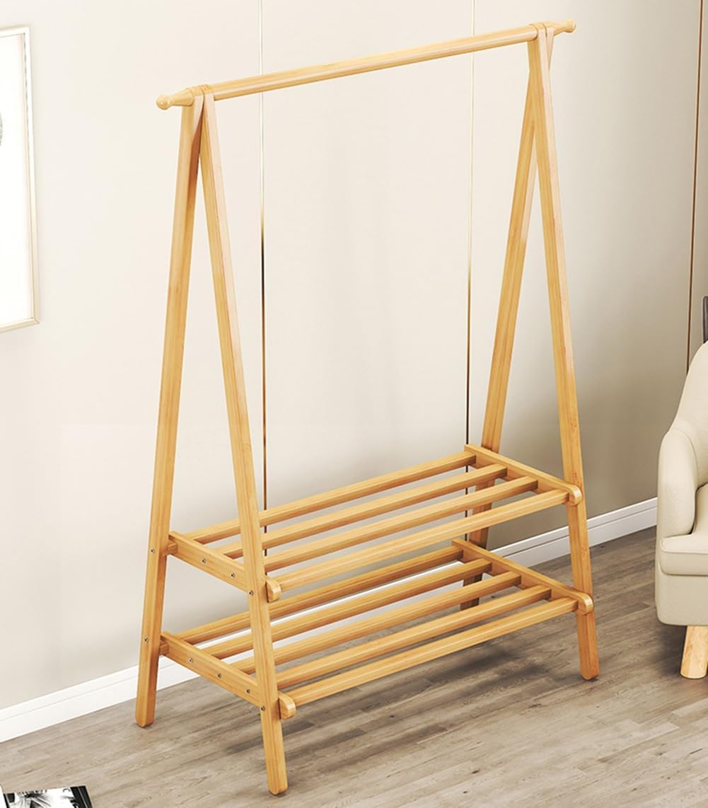 Bamboo Clothing Garment Rack Freestanding, Clothes Organization for Bedroom, Kids Room, Clothes Rail with 2 Shelves, Closet Display Rack(68x41x145cm)