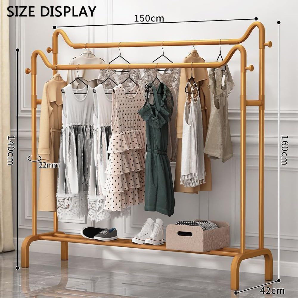 Clothes Rack Freestanding Double-Rail Garment Rack Multifunctional Bedroom,Minimalist Metal for Hanging Garment,Coat Rail with Bottom Rack for Coats, Skirts, Shirts, Sweaters