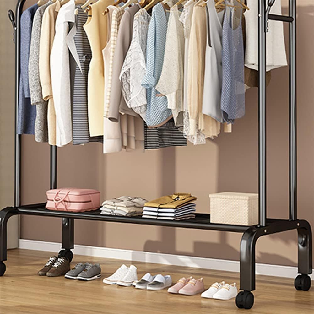 Metal Garment Rack with Shelves Heavy Duty Clothes Hanger Stand for Coats Shirts & Pants Easy Assembly Space Saving Storage Solution 150x135x154CM