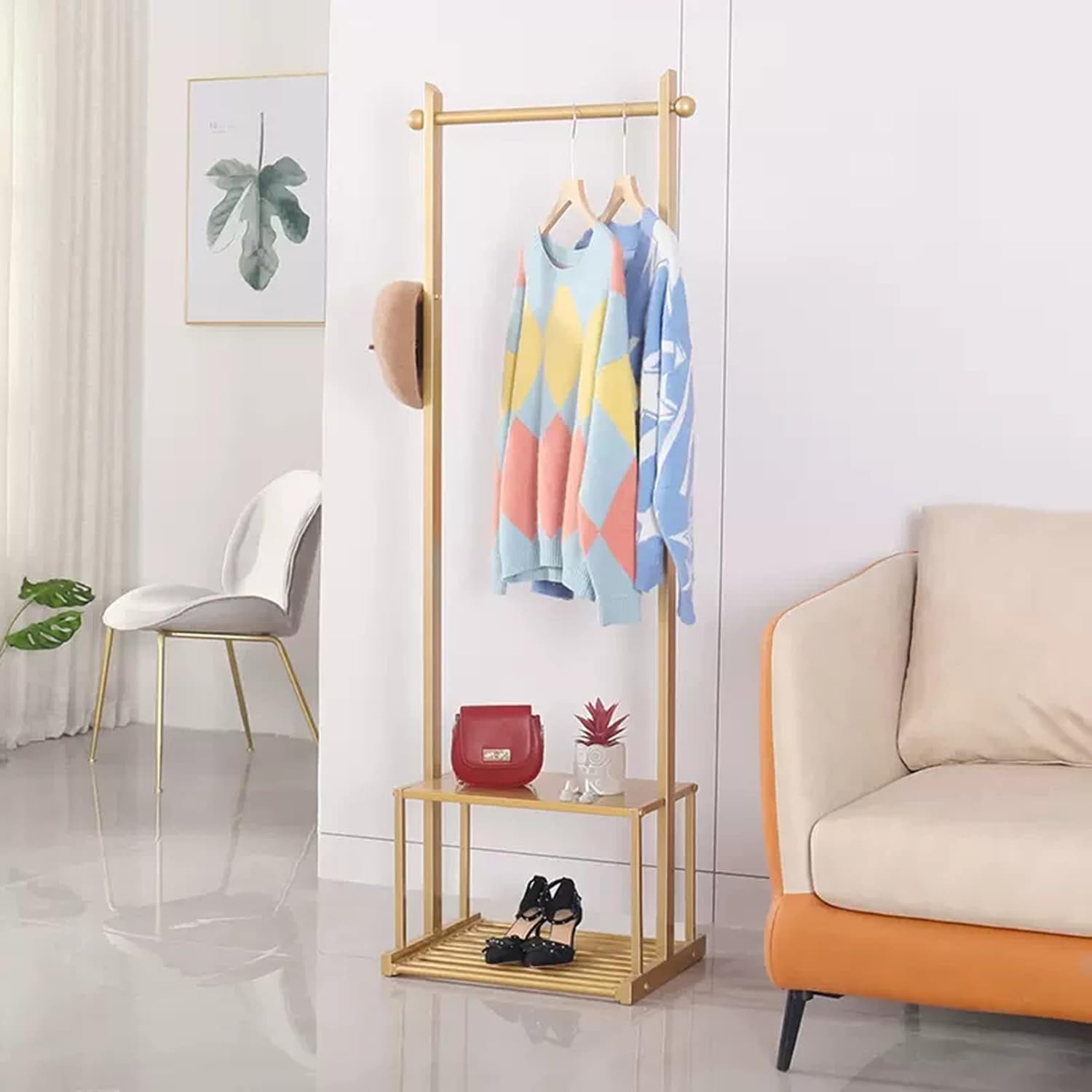 Heavy Duty Garment Rack Clothing Rack with 2 Tier Bottom Shelves, Metal Clothes Rail for Bedroom and Office, Freestanding Clothes Organizer for Hanging Clothes, Space Saving (Gold 80X40X165CM)