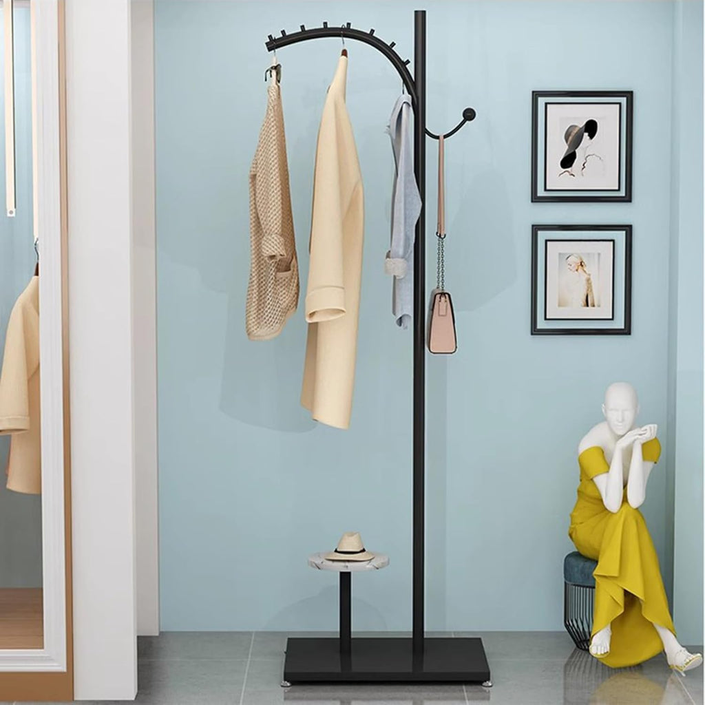 Heavy duty Garment rack Modern Clothes Display Rack For Boutique Retail, Freestanding Small Coat Rack With Hooks Ans Shelves, For Hanging Clothes, Bag, Space Saving Clothing Rack For Bedroom (Black )