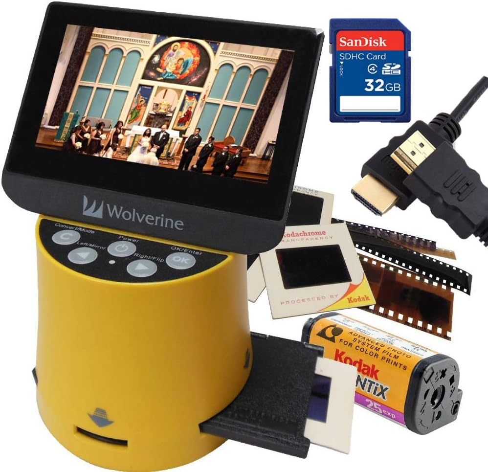 Wolverine Titan 8-in-1 20MP High Resolution Film to Digital Converter with 4.3' Screen and HDMI Output, Worldwide Voltage 110V/240V AC Adapter, 32GB SD Card & 6ft HDMI Cable Bundle (Yellow)