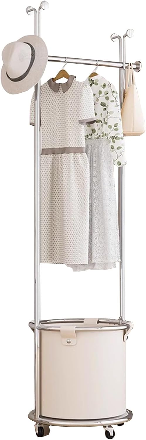 Heavy duty Garment rack Silver Stainless Steel Clothing Rack With PU Storage Box And Hooks, Freestanding Clothes Organizer On Wheels, Multi-Functional Coat Rack For Bedroom (Silver + Milky White )