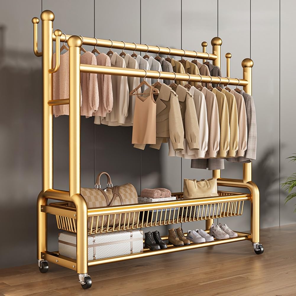 Portable Multi-Functional Bedroom Double Rods Garment Rack, Freestanding Metal Clothing Hanger Rack with Storage Shelf and Hanging Hooks, for Coats, Shirts, Dress