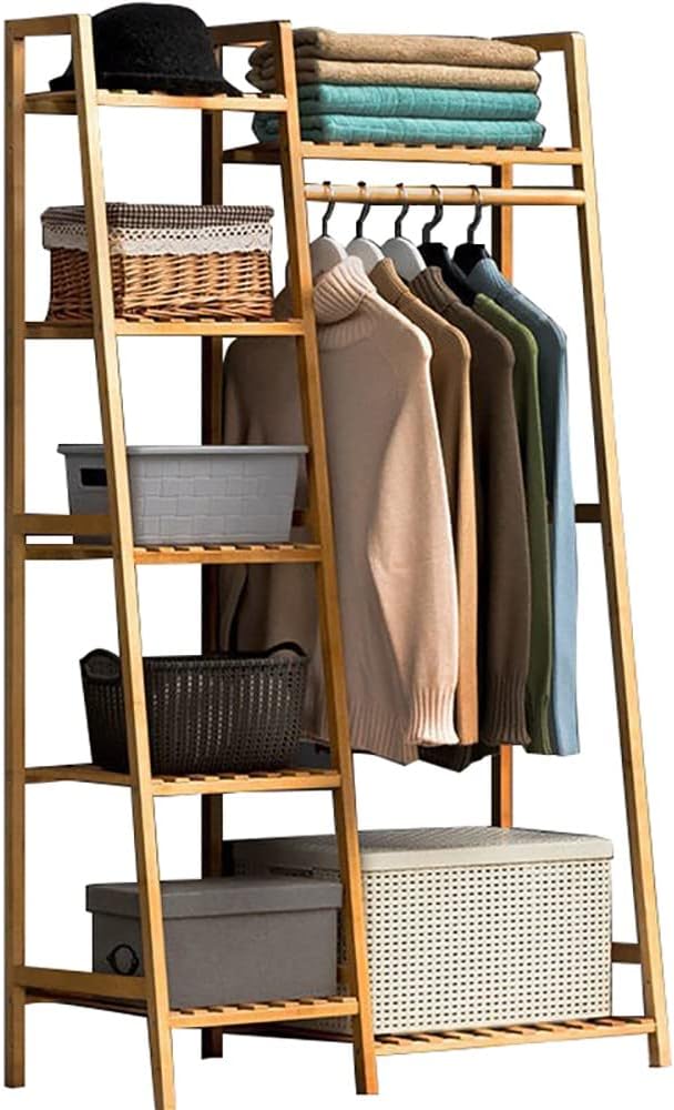Bamboo Coat Rack with 7 Shelves and Hanging Rod Free Standing Garment Rack for Bedroom Closet nization Max Load 220lbs