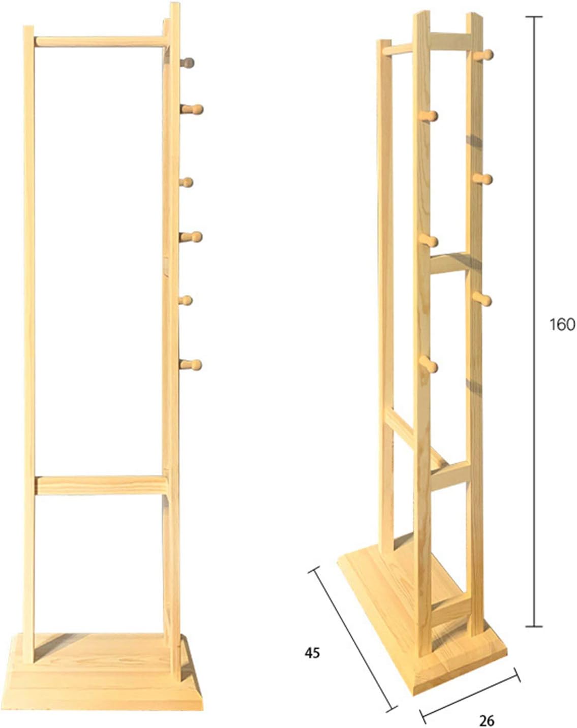 Solid Wood Coat Tree,Single-Rail Garment Rack with 6 Hooks and Bottom Shelf,Freestanding Display Stand for Trench Coats,Dresses,Shirts,for Corner,Living Room,Porch