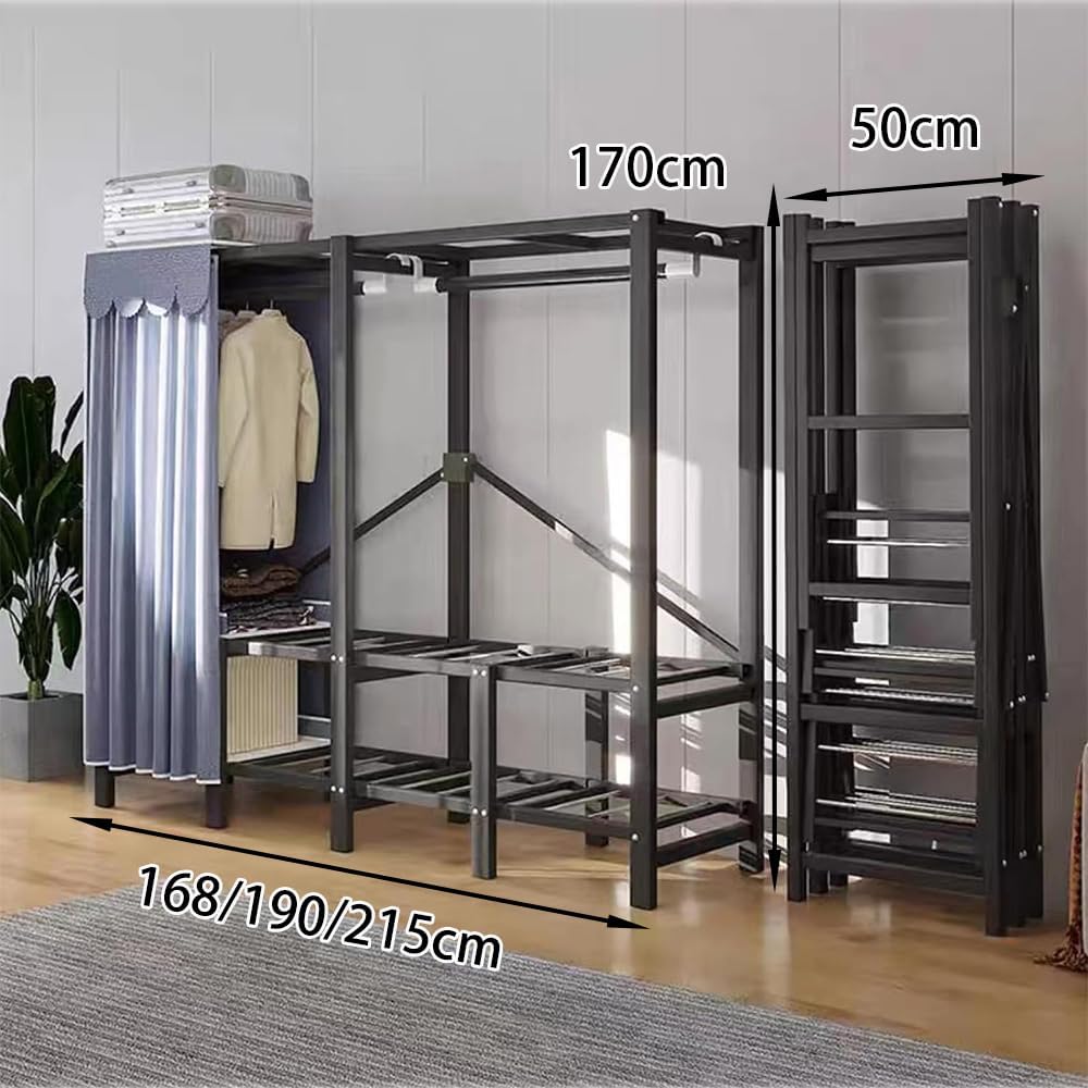 Portable Heavy Duty Closet Rack, Freestanding Tall Garment Rack with Cover, Foldable Clothing Rack, Armoires Clothes Storage Organizer Shelves for Bedroom,168cm