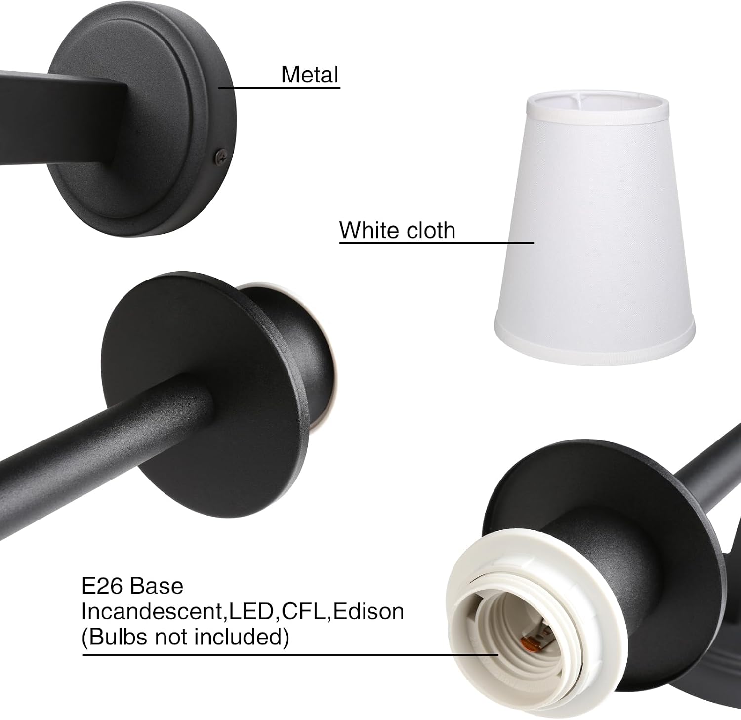 PERMO Set of 2 Modern Classy Vintage Wall Sconce with Flared White Textile Lamp Shade Living Room Bedside Reading Fireplace Area Wall Light Fixture (Black)