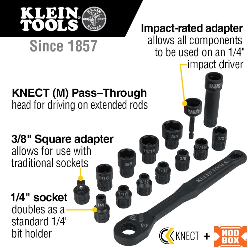 Klein Tools 15-Piece Impact Socket Set with Case, Adapter, Bits and Klein Tools 6-Piece Ratcheting Impact Nut Driver Set