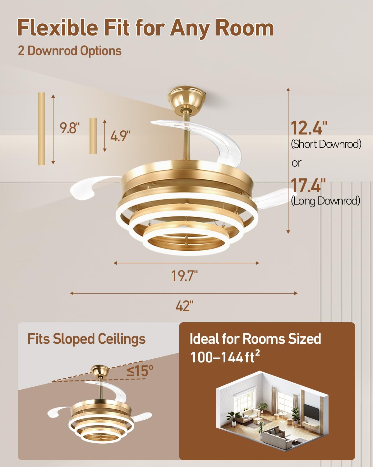 42 Inch Retractable Ceiling Fan with Lights, Gold Fandelier Chandelier Fan with Remote, 6-Speed Silent DC Motor, 3000K-6500K Dimmable LED Light, Modern Ceiling Fan for Bedroom Living Room Dining Room