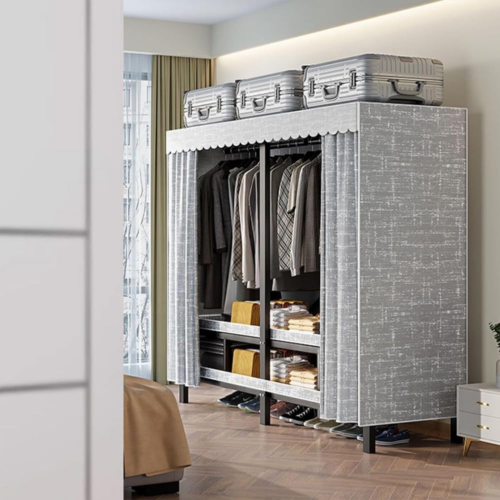 Portable Heavy Duty Closet Rack, Freestanding Tall Garment Rack with Cover, Foldable Clothing Rack, Armoires Clothes Storage Organizer Shelves for Bedroom,190cm