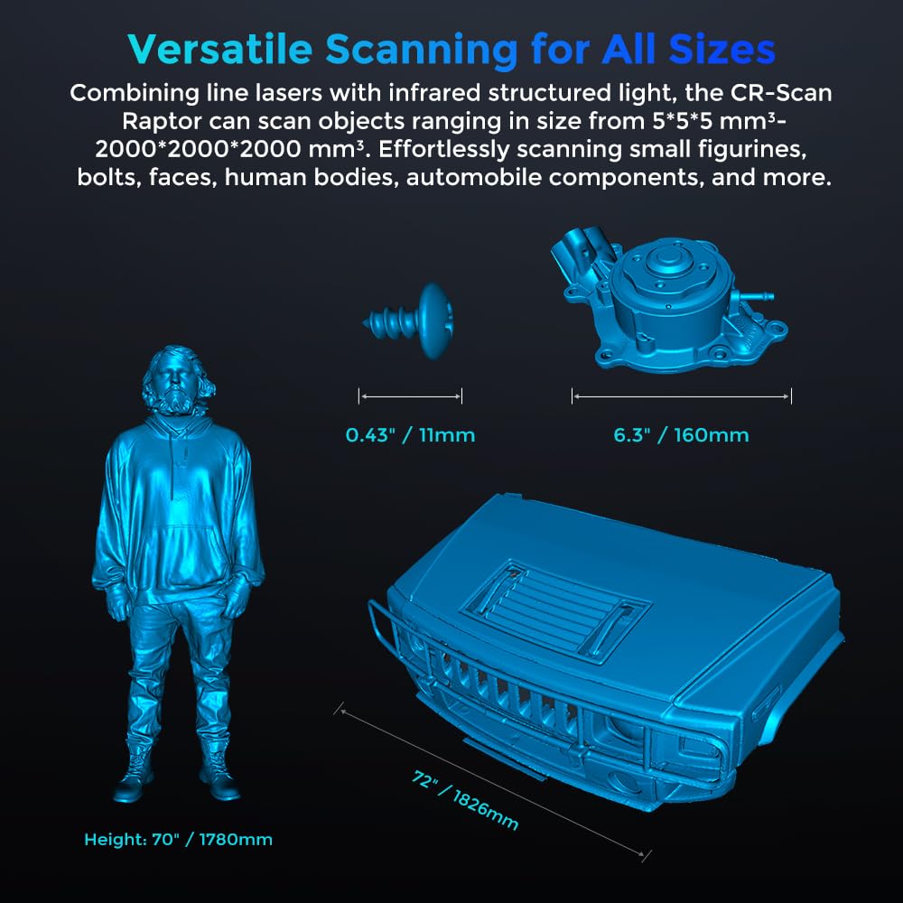 Creality 3D Scanner CR-Scan Raptor, Upgraded Handled 3D Scanner with Blue Laser Lines&NIR 60FPS 3D Scanning, 0.02mm Accuracy Anti-Shake Tracking 24-Bit Full-Color for iOS Mac Windows Android