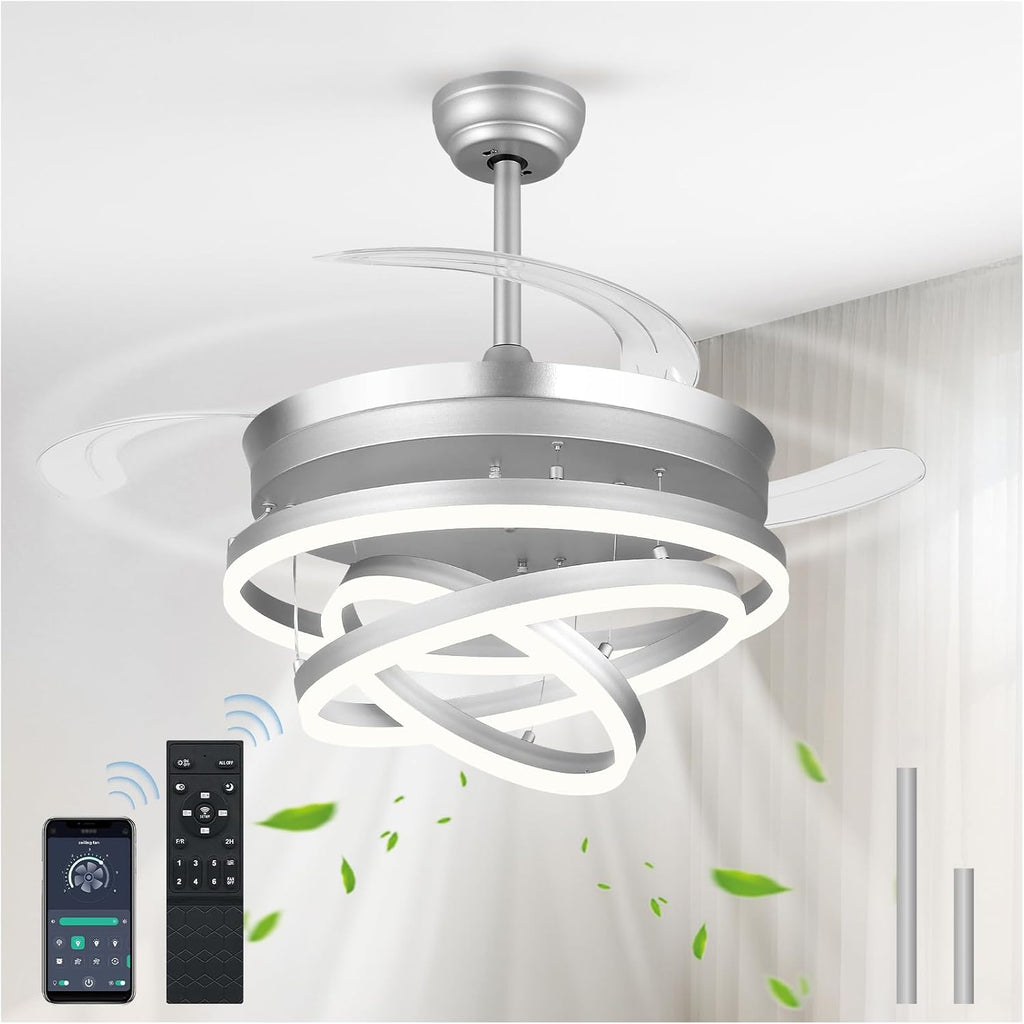 42 Inch Retractable Ceiling Fans with Lights and Remote, Modern Chandelier Fandelier Ceiling Fans, Quiet Reversible DC Motor, 6 Speeds, 3 Color Dimmable LED for Bedroom Living Room (Silver)