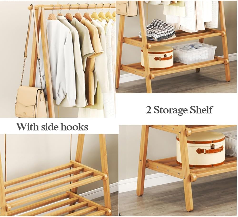 Bamboo Clothing Garment Rack Freestanding, Clothes Organization for Bedroom, Kids Room, Clothes Rail with 2 Shelves, Closet Display Rack(48x41x145cm)