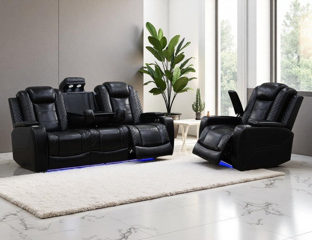 Leather Power Recliner Sofa Set with LED, Living Room Furniture Sets, 2 Piece Reclining Couches, Recliner Sofa and Chair Set with Arm Storage/Cup Holders/Charging Ports for Home Theater/Office