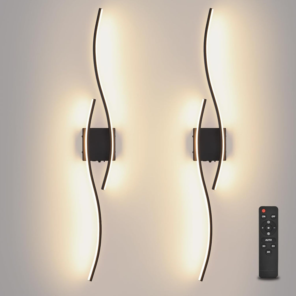 Battery Operated Wall Sconces Set Of Two, 3000K-6500K 39.4 inch black LED dimmable wireless wall sconce with remote control, USB rechargeable wall lights for Living Room Bedroom Hallway Background