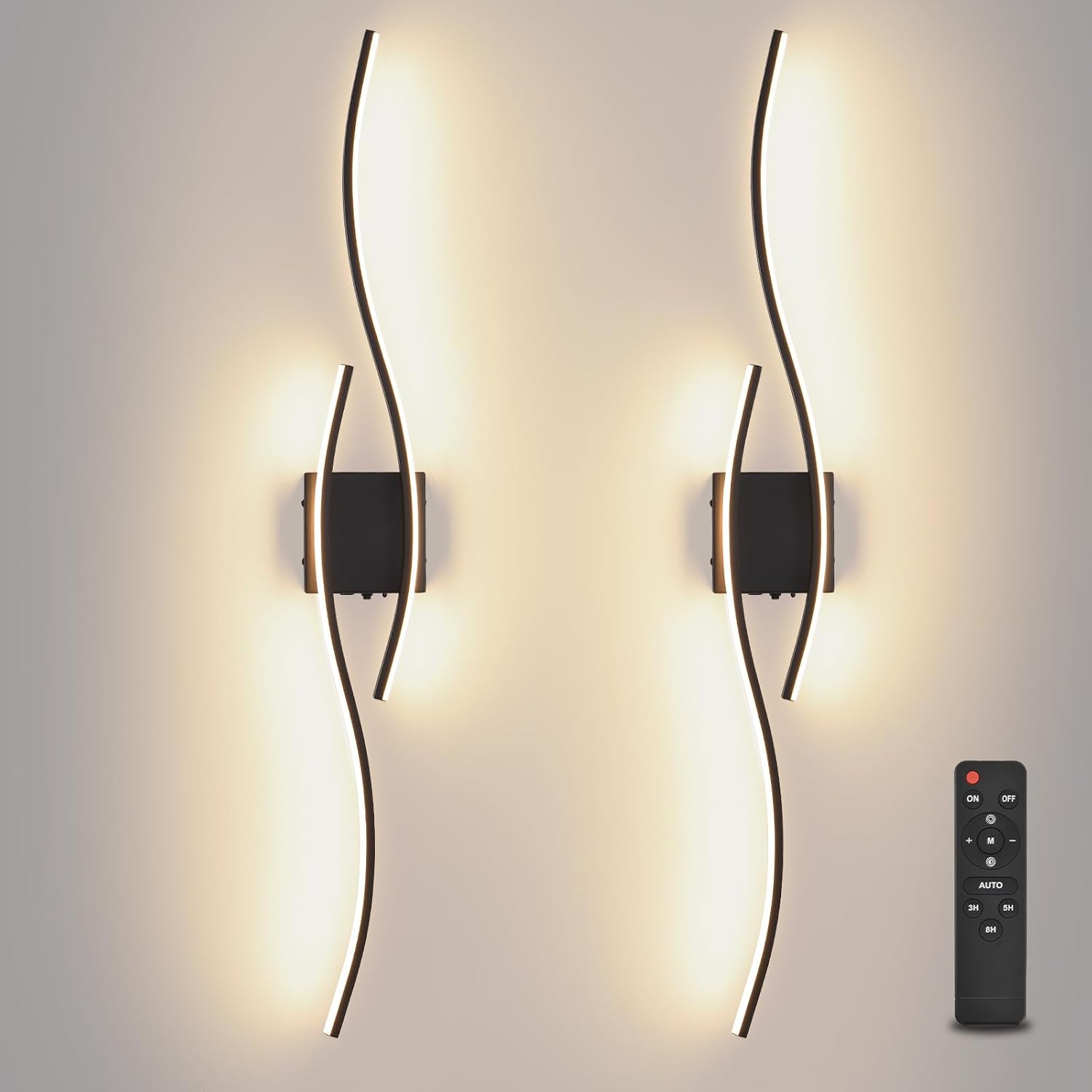 Battery Operated Wall Sconces Set Of Two, 3000K-6500K 39.4 inch black LED dimmable wireless wall sconce with remote control, USB rechargeable wall lights for Living Room Bedroom Hallway Background