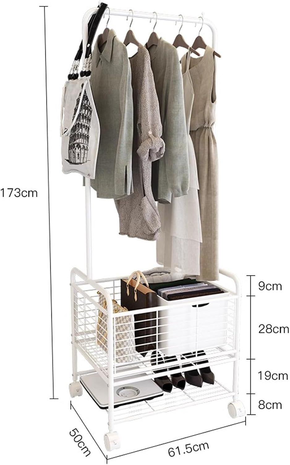 Heavy duty Garment rack Freestanding Metal Coat Rack On Wheel, Heavy Duty Clothing Rack With Storage Basket And Shelves, Space-saving Clothes Organizer For Entryway And Bedroom, White, 62X50X173CM.