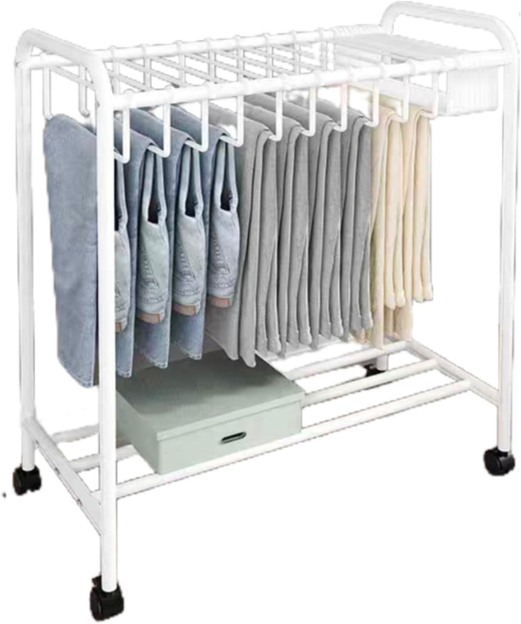 Freestanding Garment Rack with Movable Trouser Hanger, Multi-Functional Clothing Storage Rack for Bedroom, Slacks Organizer with Wheels (White)