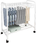 Freestanding Garment Rack with Movable Trouser Hanger, Multi-Functional Clothing Storage Rack for Bedroom, Slacks Organizer with Wheels (White)