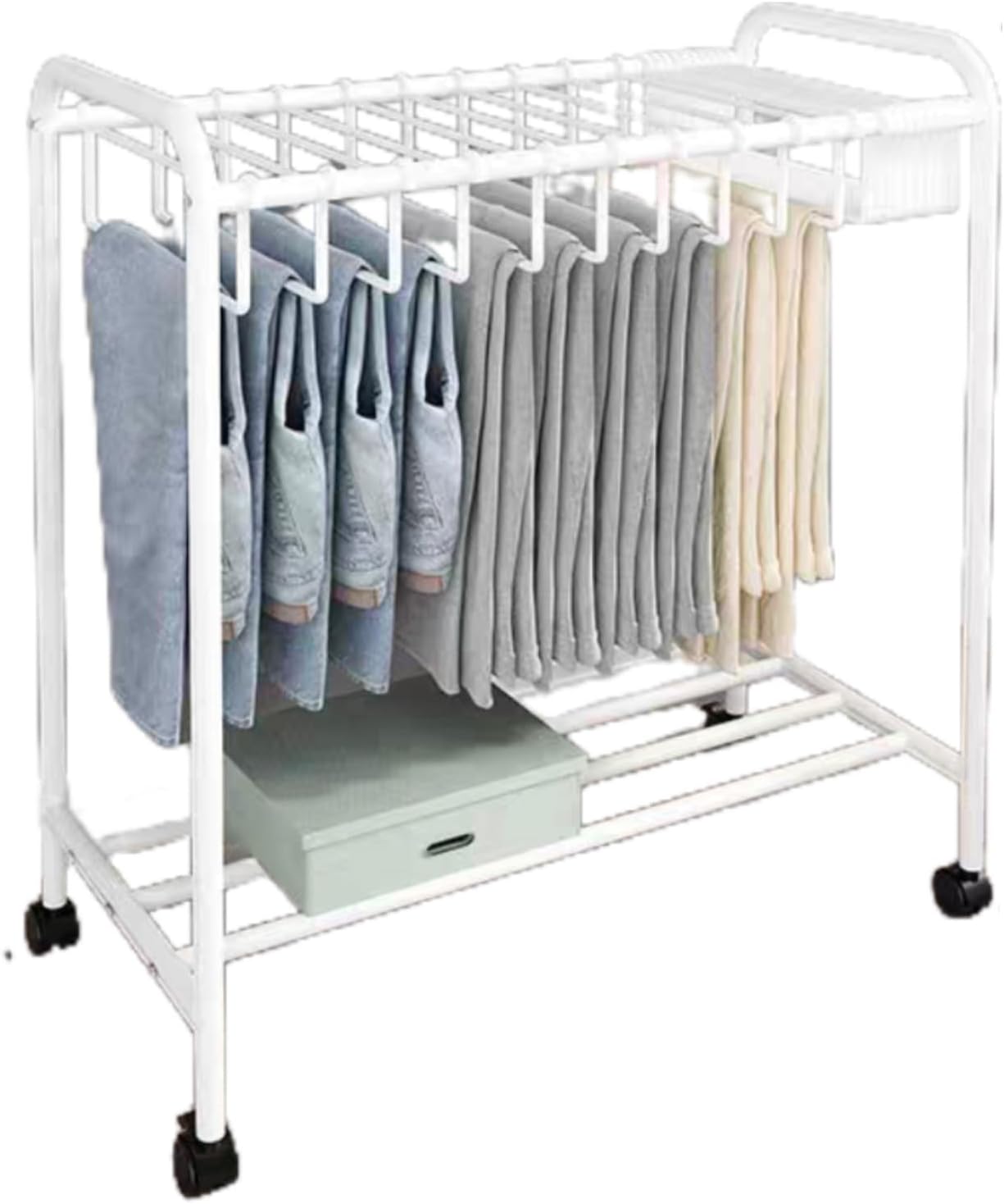 Freestanding Garment Rack with Movable Trouser Hanger, Multi-Functional Clothing Storage Rack for Bedroom, Slacks Organizer with Wheels (White)