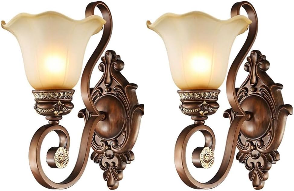 Vintage Floral Wall Sconces Set of 2,Resin Iron Lampshade Old Style Lamp Sconce Wall Decor with Glass Shades for Living Room Bedroom Hallway (2 Pack)