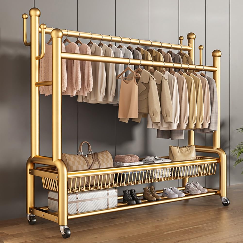 Freestanding Multi-functional Metal Garment Rack on Wheels, Portable Clothing Rack with Shelf and Hooks, for Coats, Shirts, Dress, Used in Cloakroom, Bedroom