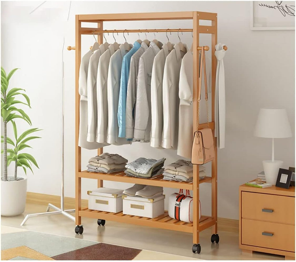 Generic Garment Rail Shoe Bench Coat Stand Rack Hanger Wooden Coat Rack Freestanding Garment Rack With 3 Storage Shelves And 4 Hooks, Coat Rack With 360° Wheels For Entryway, Hallway, Bedroom And L