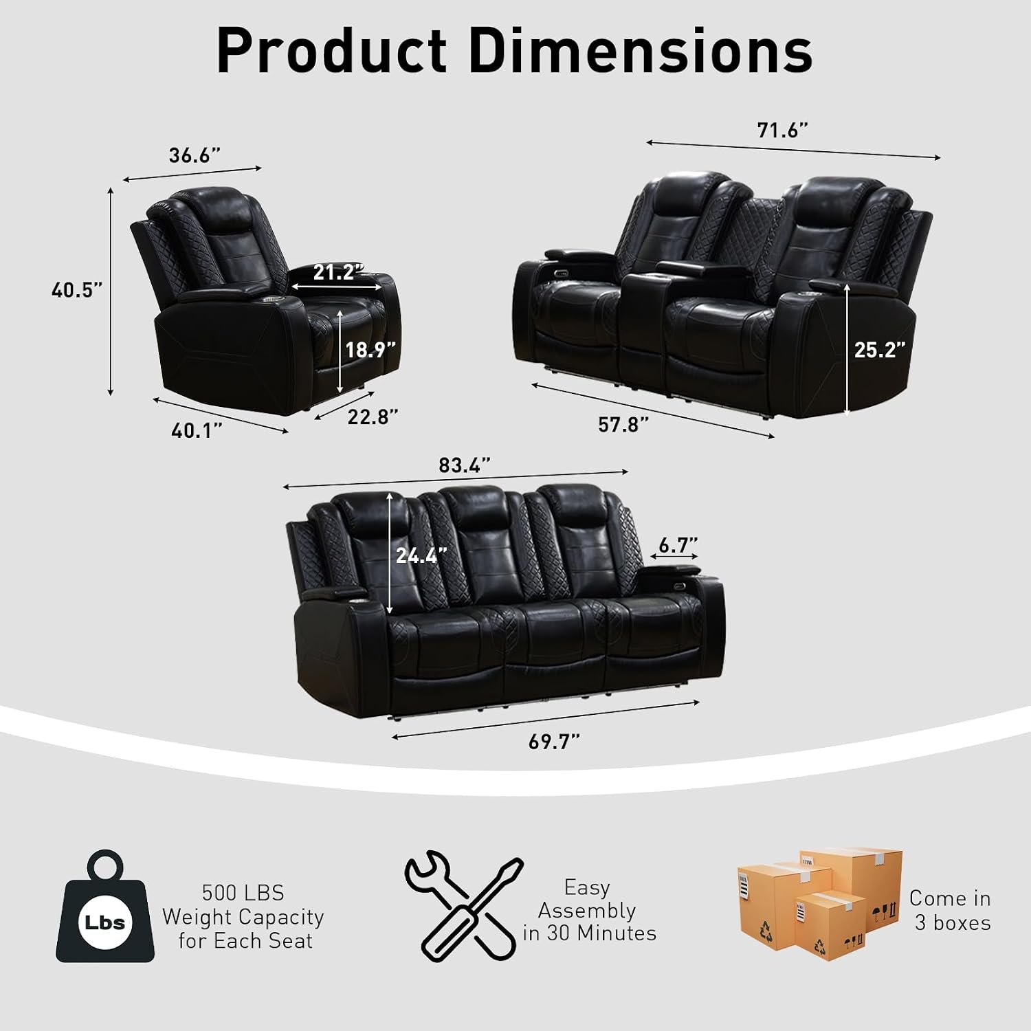Power Recliner Sofa Set - 3 Piece Living Room Furniture Set with Electric Reclining Sofa, Loveseat and Chair, Breathable Faux Leather with USB Ports, Wireless Charging, Cup Holders and LED Lights