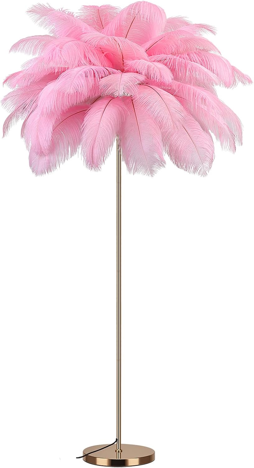 Feather Floor Lamp for Living Room, Fluffy Ostrich Feathers Lamp, Rose Gold Color Body, 3 Color Temperatures Modern Funky Arc Tall Standing Lamp for Bedroom Inclued Bright LED Bulbs (Pink)