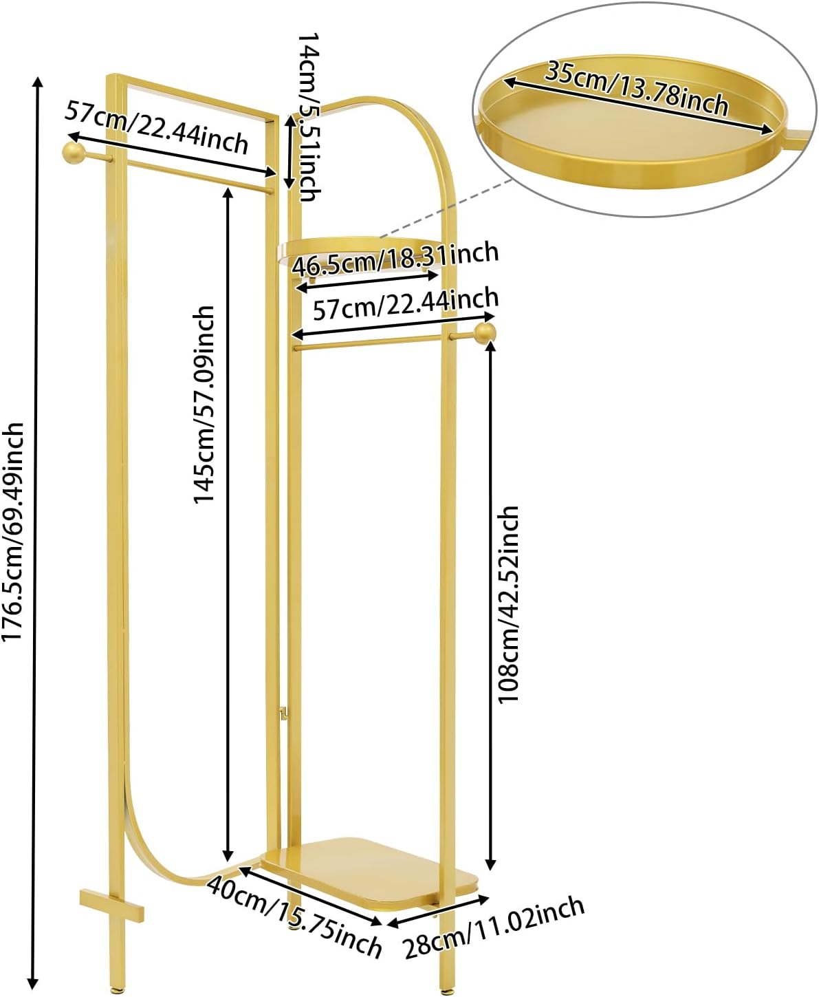 Clothes Display Stand, Metal Heavy Duty Freestanding Garment Rack Foldable Clothing Shelf Clothes Rack for Hanging Clothes Coats Skirts Shirts Sweaters (Gold)