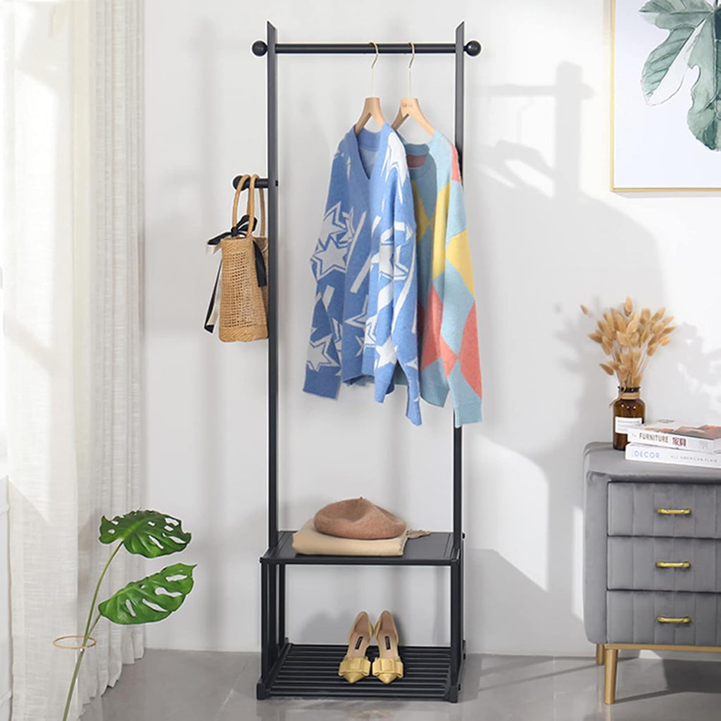 Heavy duty Garment rack Clothing Rack With 2 Tier Bottom Shelves, Metal Clothes Rail For Bedroom And Office, Freestanding Clothes Organizer For Hanging Clothes, Space Saving Coat (Black 50X40X165CM)
