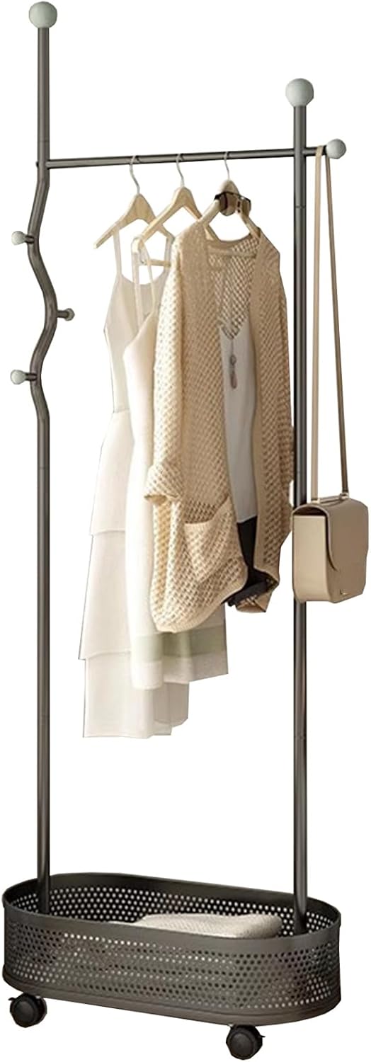 Heavy duty Garment rack Metal Clothes Rail on Wheel, Freestanding coat rack with storage basket and 4 hooks,Space-saving clothing rack for entryway bedrooms and Office, clothes organ (Black 65X32X175