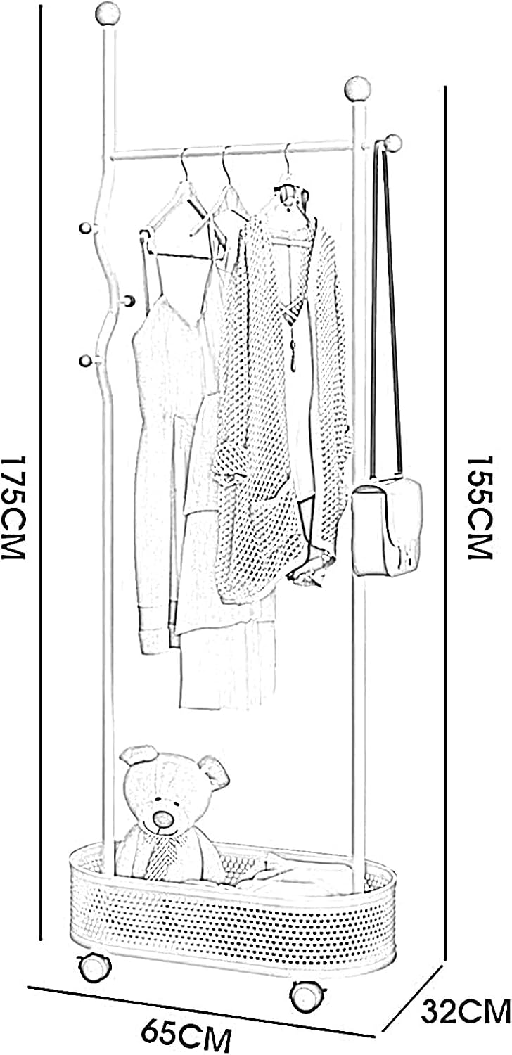 Heavy duty Garment rack Metal Clothes Rail on Wheel, Freestanding coat rack with storage basket and 4 hooks,Space-saving clothing rack for entryway bedrooms and Office, clothes organ (White 80X32X175