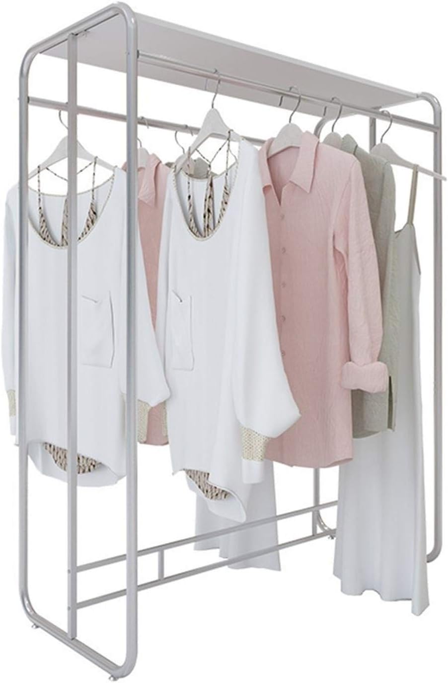 KnoRRs Stylish Silver Display Stand,Double-Rod Coat Pipe Shelf with Top Storage Rack,Freestanding Garment Rack for Shirts,Dresses,for Clothes Store,Boutique,135/150cm(Size:135 * 150CM) (150 * 150CM)
