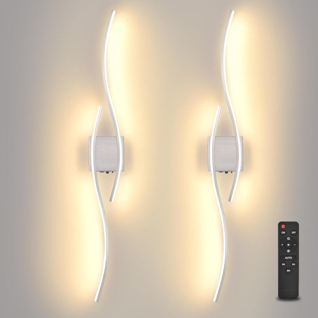 Battery Powered Wall Sconces Set of 2, Nickel 39' LED Dimmable Wall Sconce with Remote Control/Timer/Memory, USB Rechargeable Wall lights for Living Room, Bedroom, Hallway Wireless scones lighting