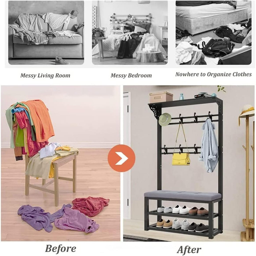 Exquisite Clothes Rail Rack Freestanding Garment Rack with 8 Hooks Coat Rack with Shoe Shelf Bench Industrial Hat Handbag Hanger for Narrow Hallway and Bedroom (Color : White grey, Size : 80