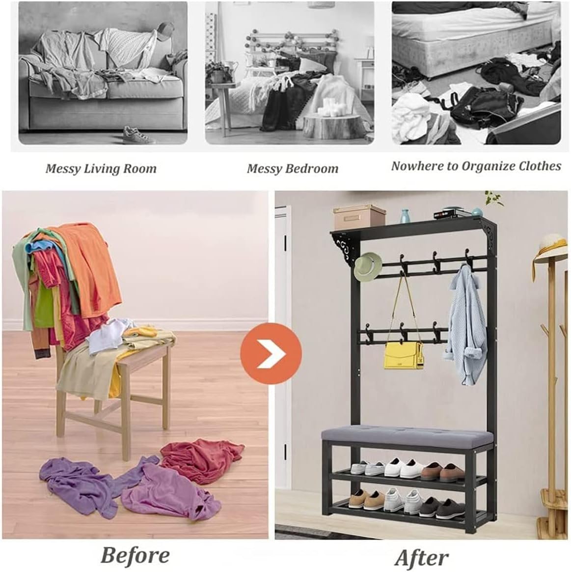 Exquisite Clothes Rail Rack Freestanding Garment Rack with 8 Hooks Coat Rack with Shoe Shelf Bench Industrial Hat Handbag Hanger for Narrow Hallway and Bedroom (Color : White grey, Size : 80