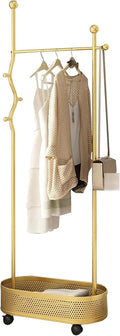 Heavy duty Garment rack Metal Clothes Rail on Wheel, Freestanding coat rack with storage basket and 4 hooks,Space-saving clothing rack for entryway bedrooms and Office, clothes organ (Gold 65X32X175C