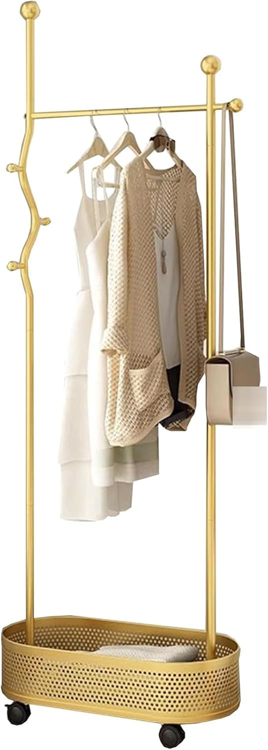 Heavy duty Garment rack Metal Clothes Rail on Wheel, Freestanding coat rack with storage basket and 4 hooks,Space-saving clothing rack for entryway bedrooms and Office, clothes organ (Gold 65X32X175C
