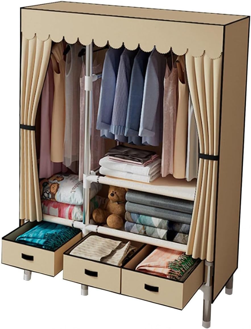 Garment Rack Heavy Duty Clothes Rack With Cover Freestanding Metal Clothing Rack Portable Closet Wardrobe With 2 Hanging Rods And 3 Drawers For Bedroom (Color : Brown, Size : 105x45x168cm)