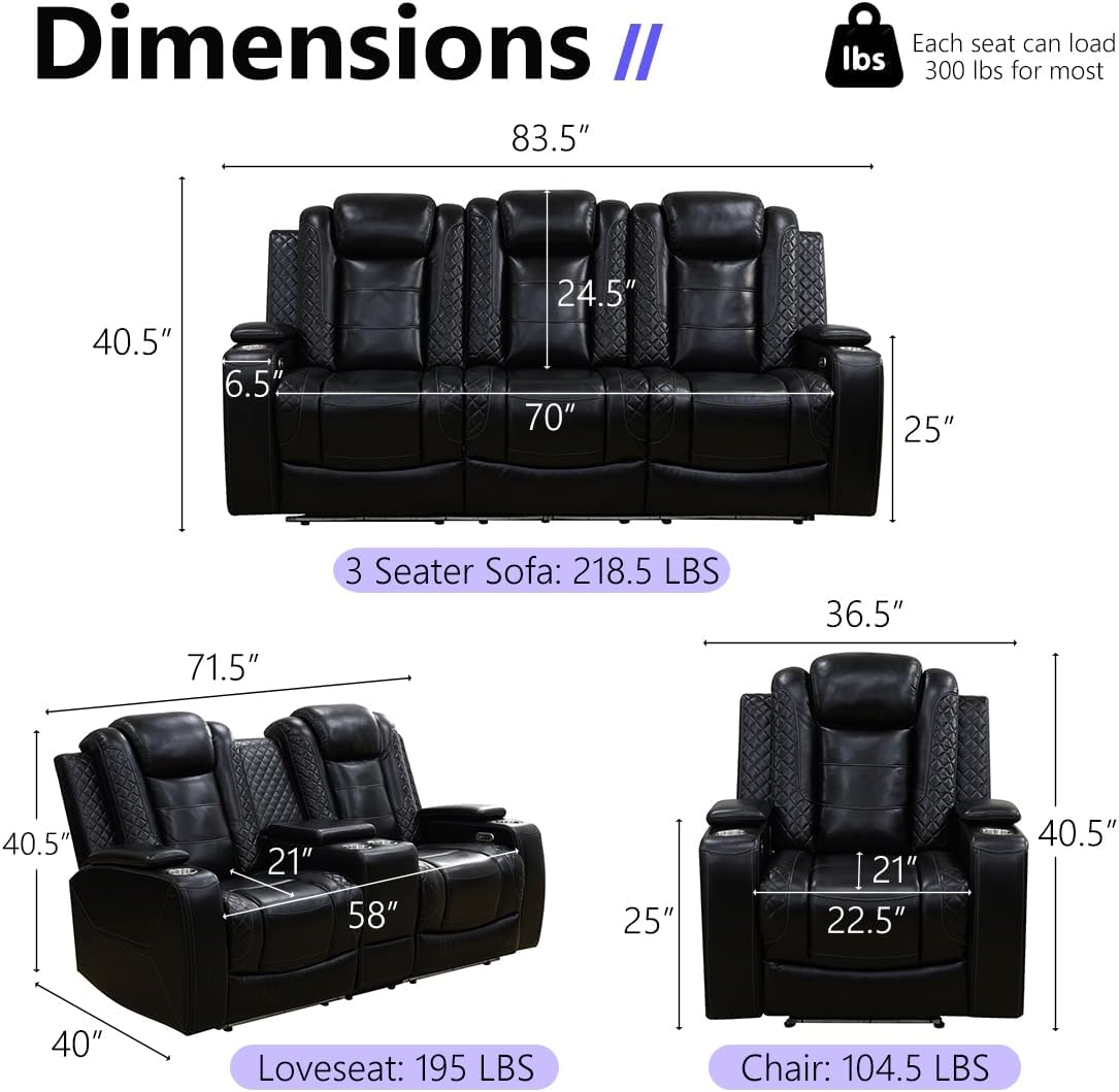 Power Theater Recliner Sofa Couch with LED, Breathing Leather Reclining Couch, Furniture for Living Room with Arm Storage/Cup Holders/Read Light/Home Theater/Office/Club, Black (3 Seater)
