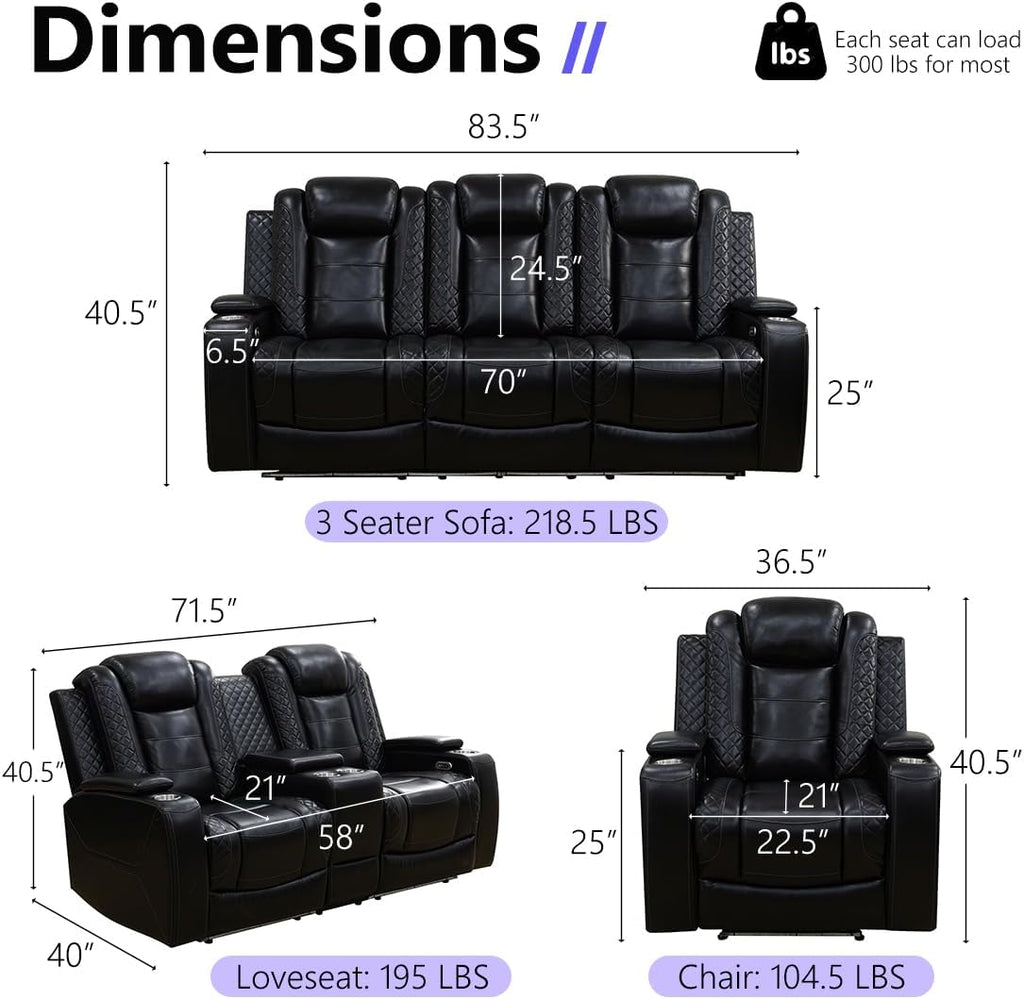 Leather Power Recliner Sofa Set, Living Room Furniture Sets, 2 Piece Reclining Sofa Set with LED, Black Recliner Furniture with Arm Storage/Cup Holders/Charging Ports for Home Theater/Office