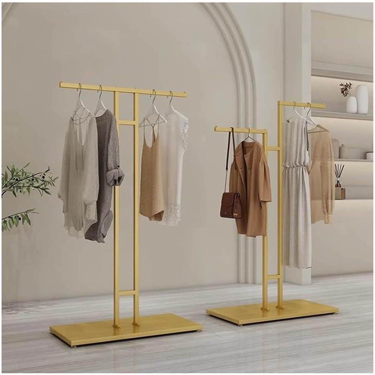 Clothes Rail Garment Rack Garment Rack T-Shaped Hanging Rod Set of 2, Clothing Retail Store Display Stands Freestanding Metal Garment Racks 2-Way Suit Shirt Clothing Ra, Gold-2PCS