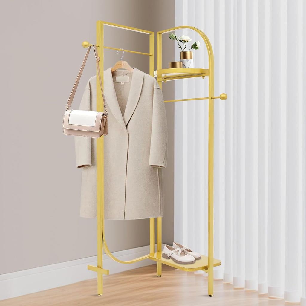 Clothes Display Stand, Metal Heavy Duty Freestanding Garment Rack Foldable Clothing Shelf Clothes Rack for Hanging Clothes Coats Skirts Shirts Sweaters (Gold)