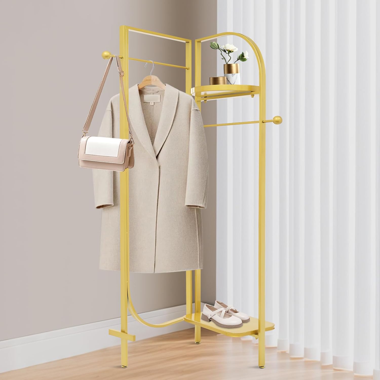 Clothes Display Stand, Metal Heavy Duty Freestanding Garment Rack Foldable Clothing Shelf Clothes Rack for Hanging Clothes Coats Skirts Shirts Sweaters (Gold)