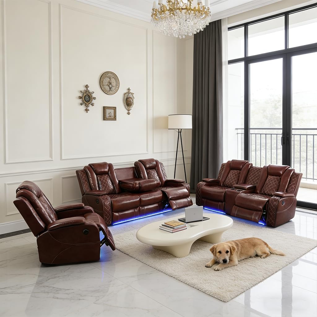 Pon Living Luxurious Leather Reclining Sofa Set with LED, Power Recliner Sofa Set, Living Room Furniture Sets with Cup Holders/USB Port & Storage Consoles for House/Home Theater